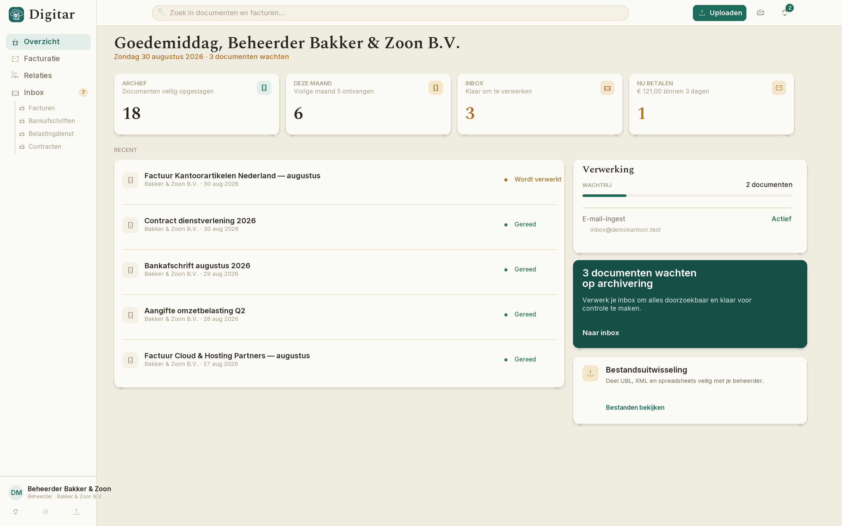 Digitar-dashboard met recente documenten en openstaande taken