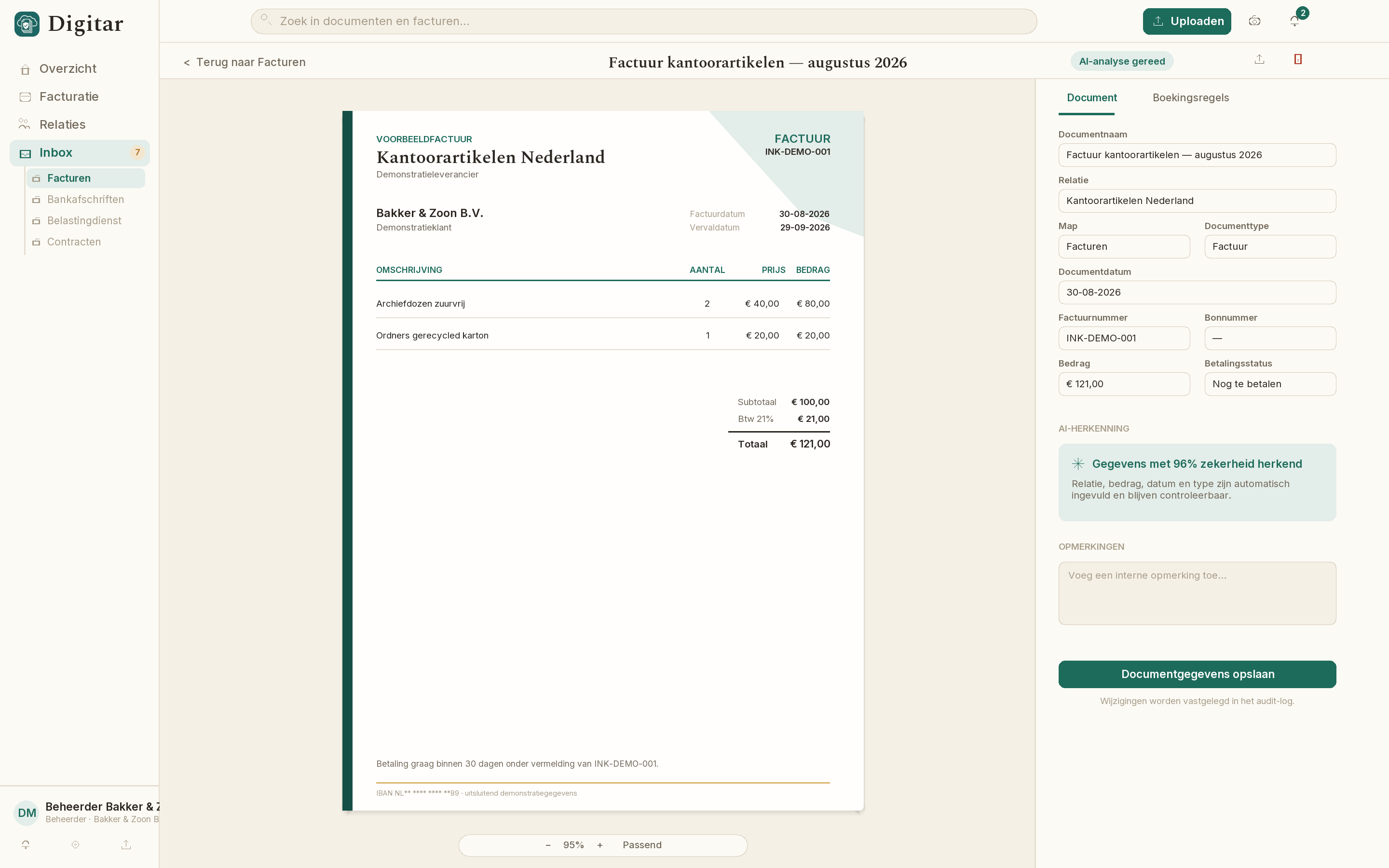 Documentweergave met AI-herkende gegevens